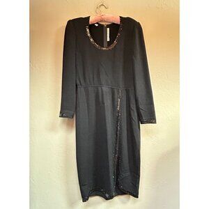 VTG St. John Women's Knit Shift Dress Embellished Trim Long Sleeve Black Size 10